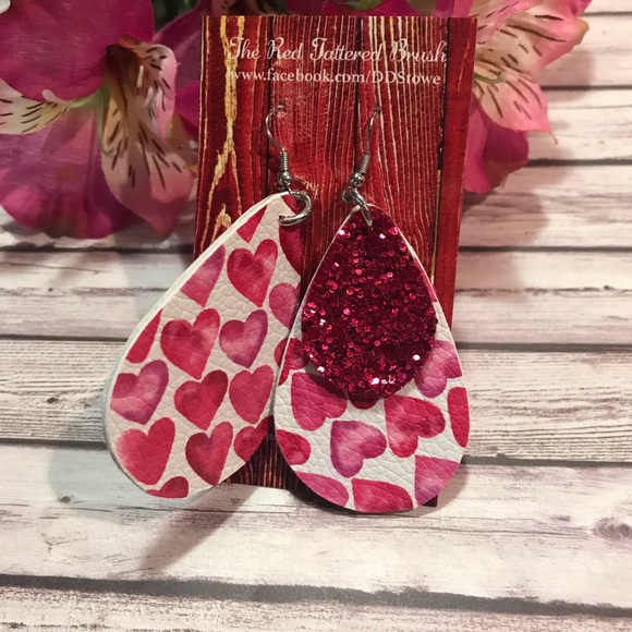 Faux Leather Earrings Valentine Hearts Pink 2.5” - Picture 6 of 7